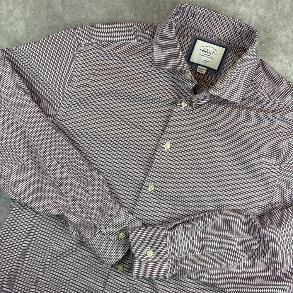 Charles Tyrwhitt Shirt Mens 16/34 White Red Gingham Geometric Casual‎ Preppy